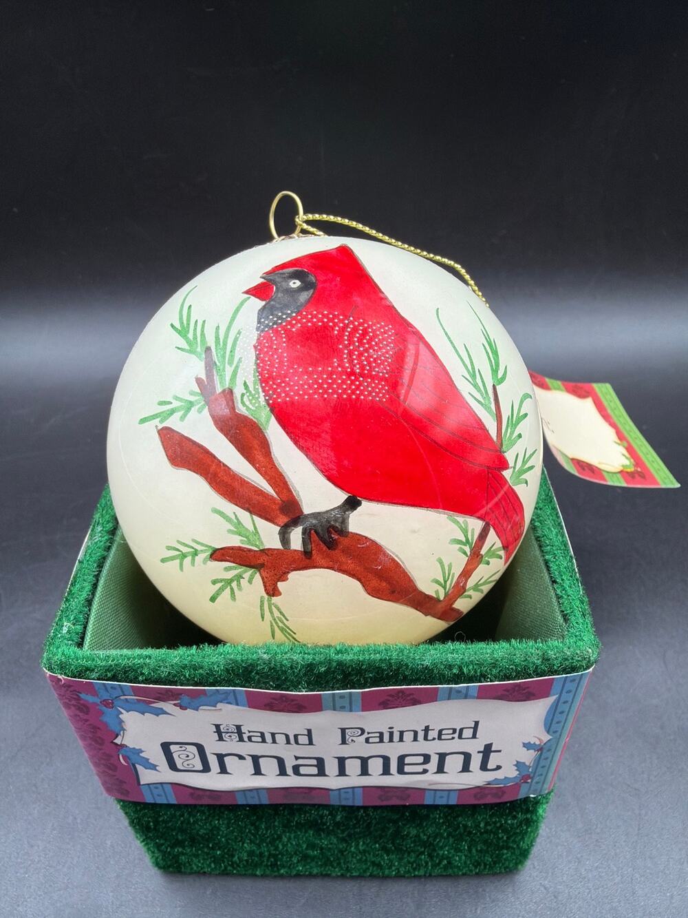 Hand Painted Red Cardinal Christmas Ornament 3" Green Velvet Gift Box NWT